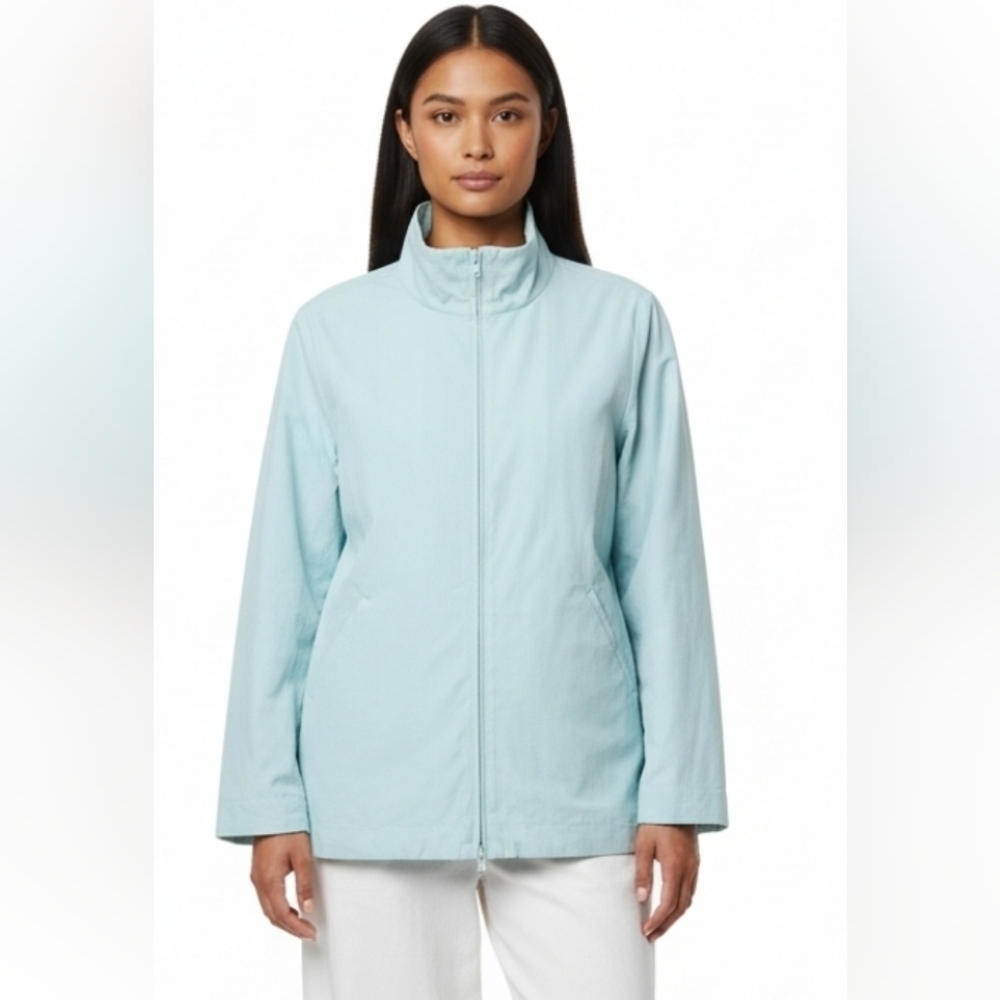 Eileen Fisher Aqua Blue Fleece Lined Zip Jacket Medium Coastal Chic quiet luxury